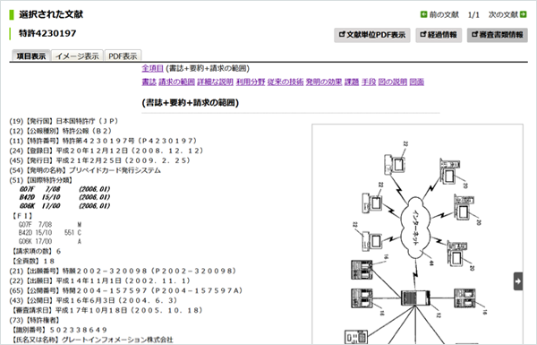 特許庁ウエブサイト J-PlatPat特許・実用新案番号照会で特許4230197号(「プリペイドカード発行システム」、特許権者はグレートインフォメーション株式会社、発明者は椚孝信氏)公報を閲覧した画面