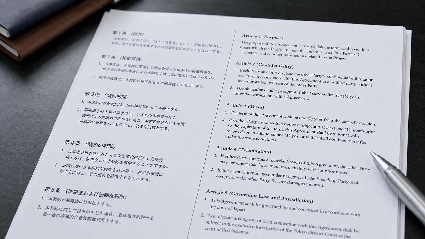 海外企業との取引が増えると、「日本語と英語の両方を併記した契約書を作りたい」「海外の取引先から二か国語の契約書を提示された」という場面が出てきます。いわゆるバイリンガル契約書は、契約当事者がそれぞれ自国語で内容を確認できるため、国際取引を円滑にする有効な方法です。 しかし、二か国語で記載されているからといって、必ずしも安全な契約書になるとは限りません。 例えば、日本語版では「損害を賠償する」と書かれているのに、英語版では責任範囲が異なる表現になっている、日本語と英語で契約解除の条件が微妙に違う、どちらの言語を優先するのか規定されていない――。こうした「言語間のずれ」が残ったまま契約を締結すると、後から当事者間で解釈が分かれる原因になります。 また近年では、AI翻訳を使ってバイリンガル契約書を短時間で作成することも可能になりました。ただし、契約書では文章の自然さ以上に、権利義務、条件、例外、定義語などを二つの言語で一致させることが重要です。AIが生成した英訳を日本語原文と十分に照合せず併記するだけでは、契約上のリスクを増やしてしまう可能性があります。 本記事では、二か国語契約書を作成するメリットから、正文言語の考え方、誤訳しやすいポイント、レイアウト上の注意、AI翻訳の活用方法、翻訳会社を選ぶ際のチェックポイントまで、翻訳実務の視点から解説します。